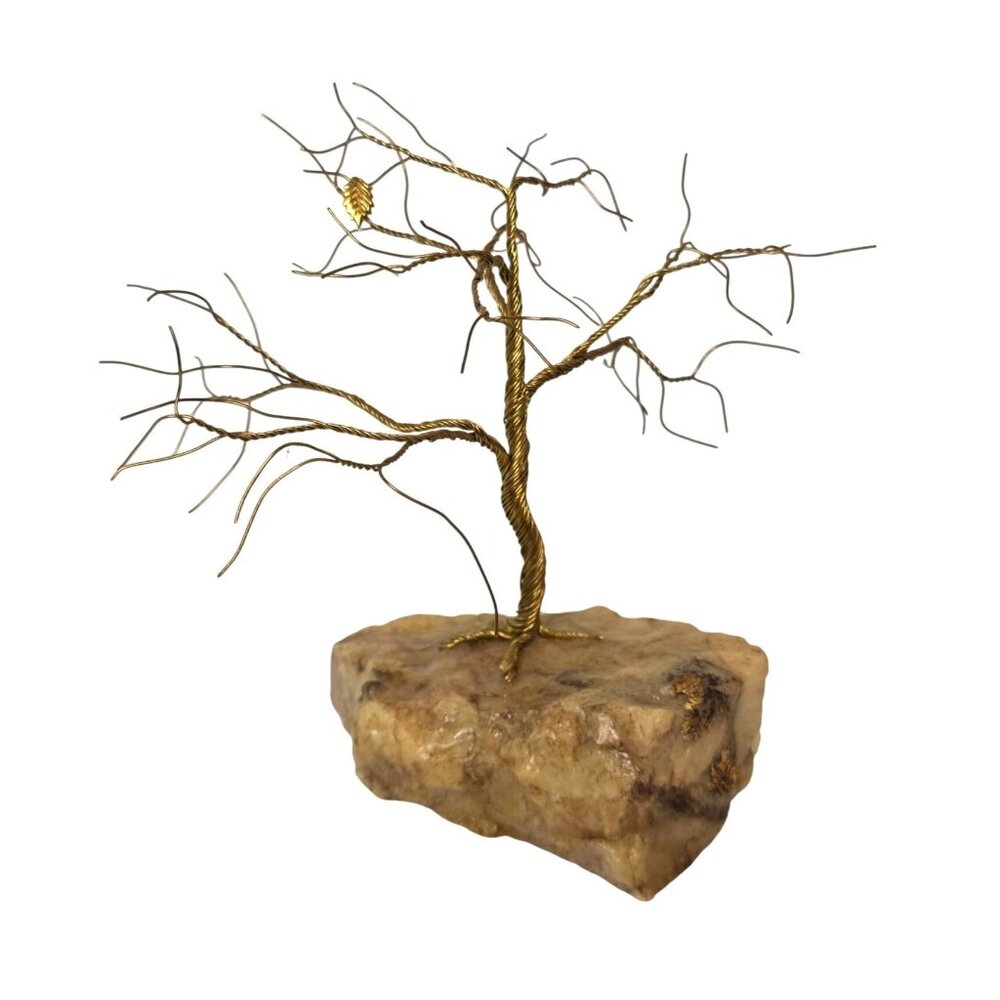Vintage Twisted Wire Tree Sculpture with One Leaf Mounted on Stone